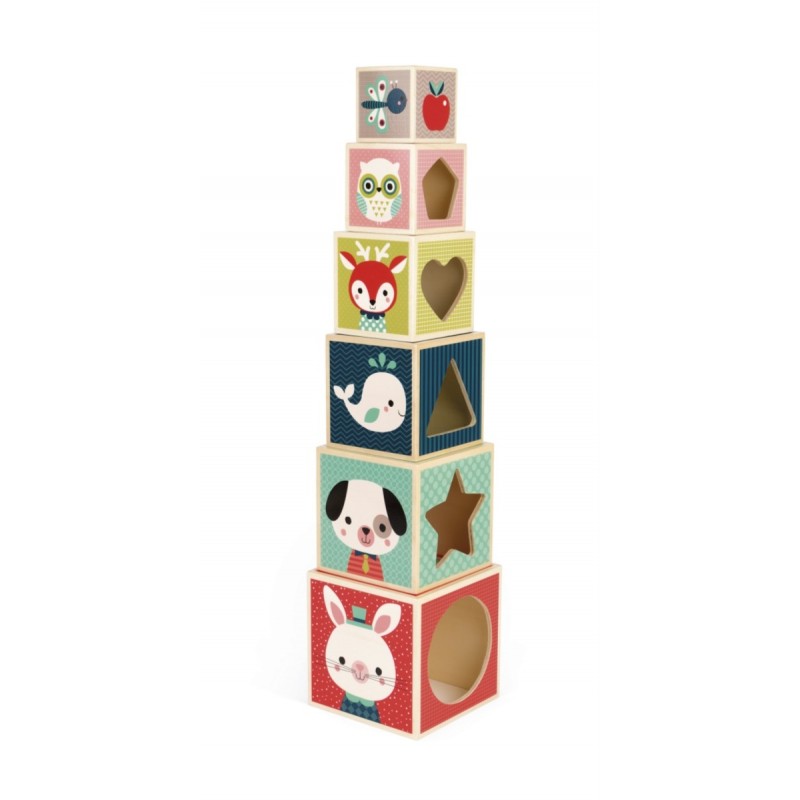 CUBES A EMPILER EN BOIS PYRAMIDE 6 CUBES BABY FOREST