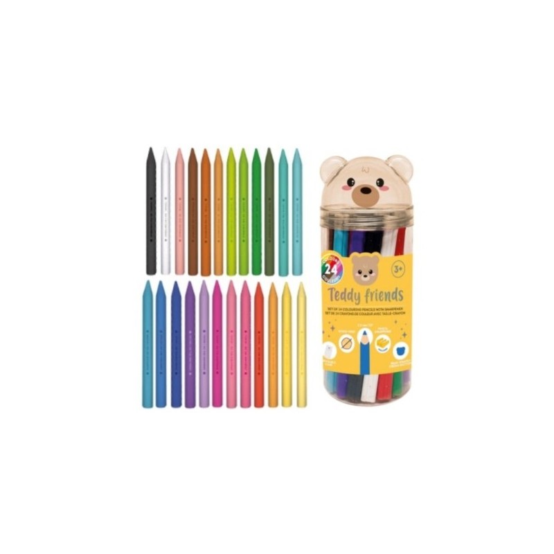 24 CRAYONS COULEUR + TAILLE-CRAYON - TEDDY FRIENDS - TEDDY BEAR